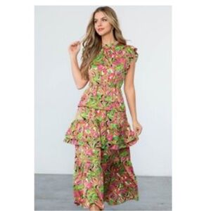 THML floral print raffle tiered midi dress size XS